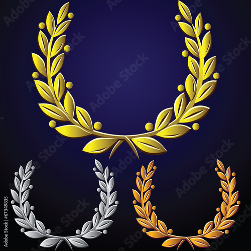 vector set of golden laurel wreaths, silver, bronze