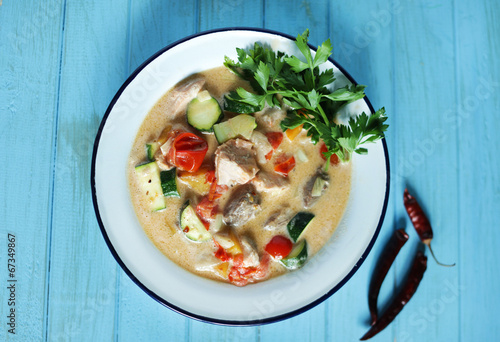 Coconut fish chowder with tuna, salmon and fresh vegetables