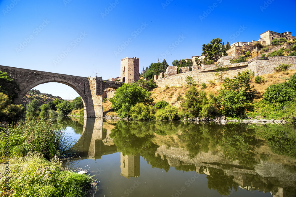 City of Toledo near the bridge Puente de Alcantara, Spain.