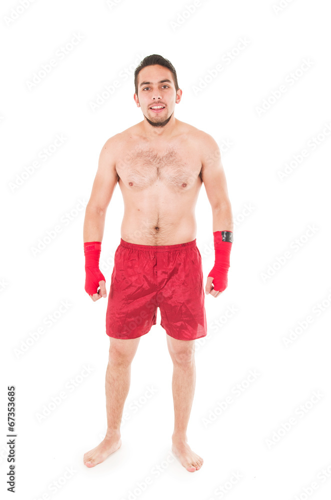 martial arts fighter wearing red shorts and wristband martial arts fighter wearing red shorts and wristband