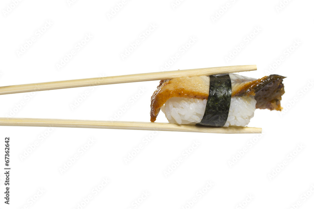 Eel nigiri in chopsticks isolated on white background Eel nigiri in chopsticks isolated on white background