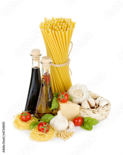 Pasta, tomatoes, basil, olive oil, vinegar, garlic and parmesan