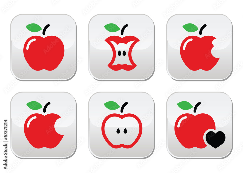 Red apple, apple core, bitten, half vector buttons Red apple, apple core, bitten, half vector buttons