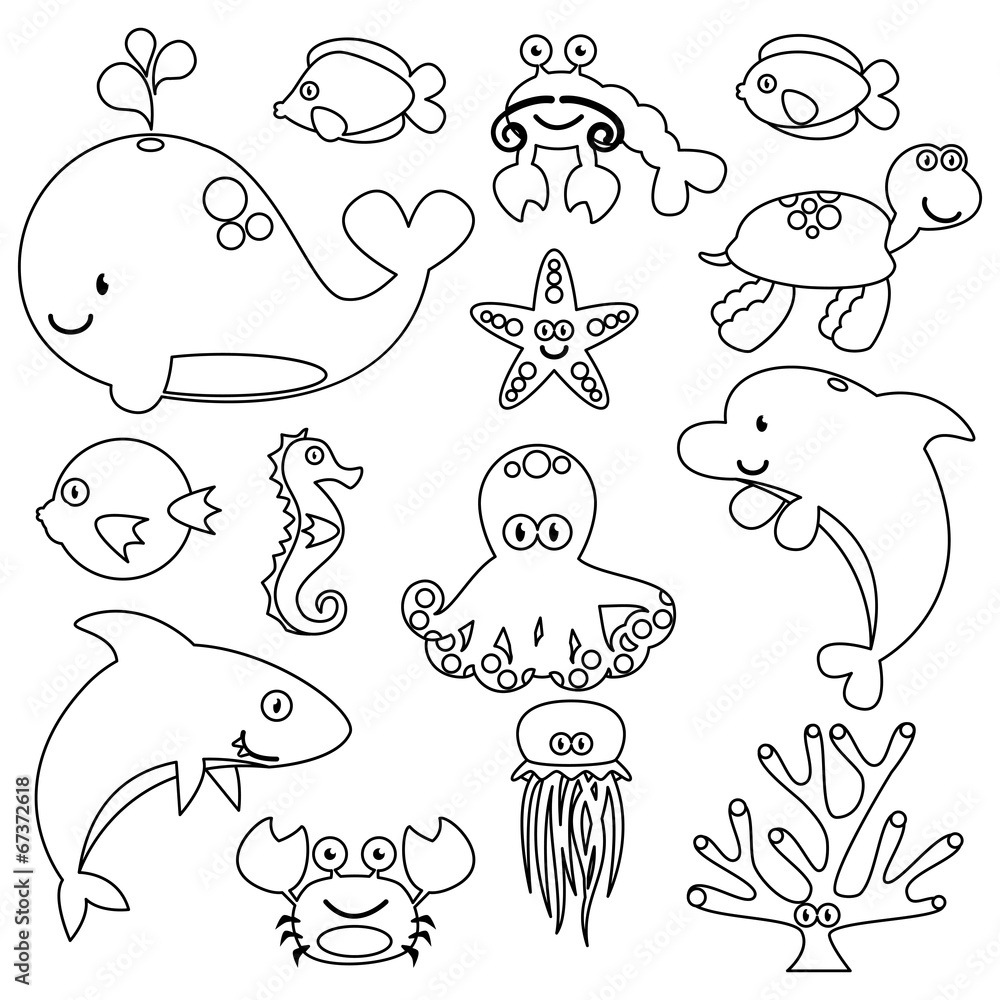 Vector Set of Cute Sea Creature Line Art Stock Vector | Adobe Stock