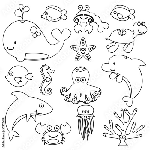 Vector Set of Cute Sea Creature Line Art