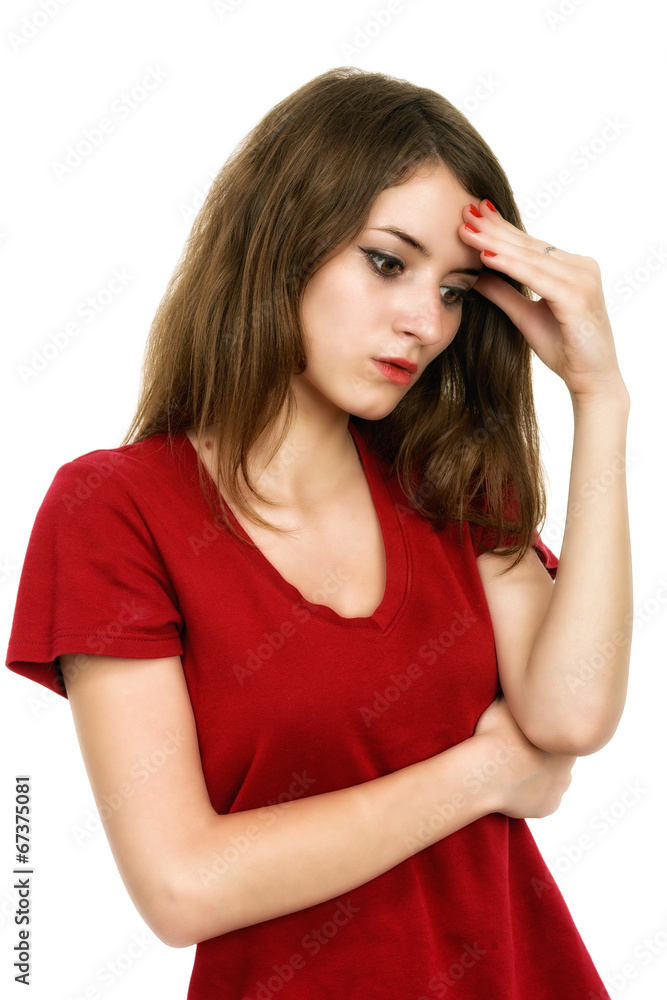 Thinking woman with question mark over head isolated on white b Thinking woman with question mark over head isolated on white b
