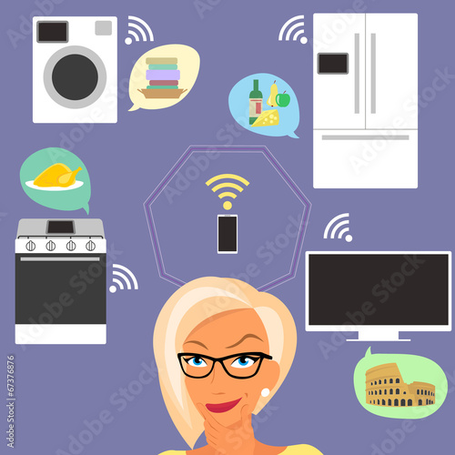 Blond woman thinking about smart gadgets at home and
