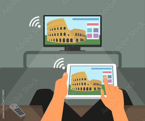 Multiscreen interaction. Man participates in TV show using