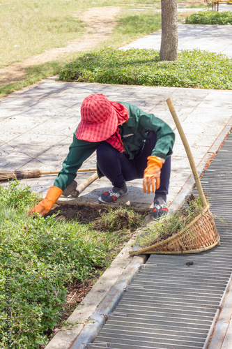 gardener pulling out weeds in public park in Thailand, motion bl