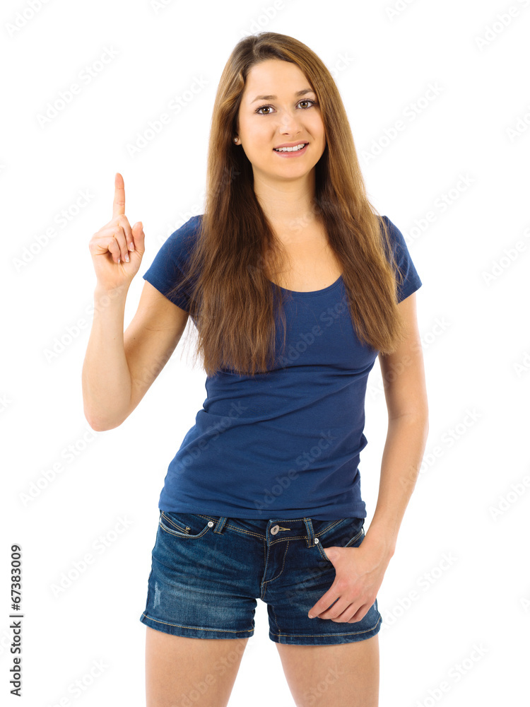 Smiling beautiful woman pointing up Smiling beautiful woman pointing up