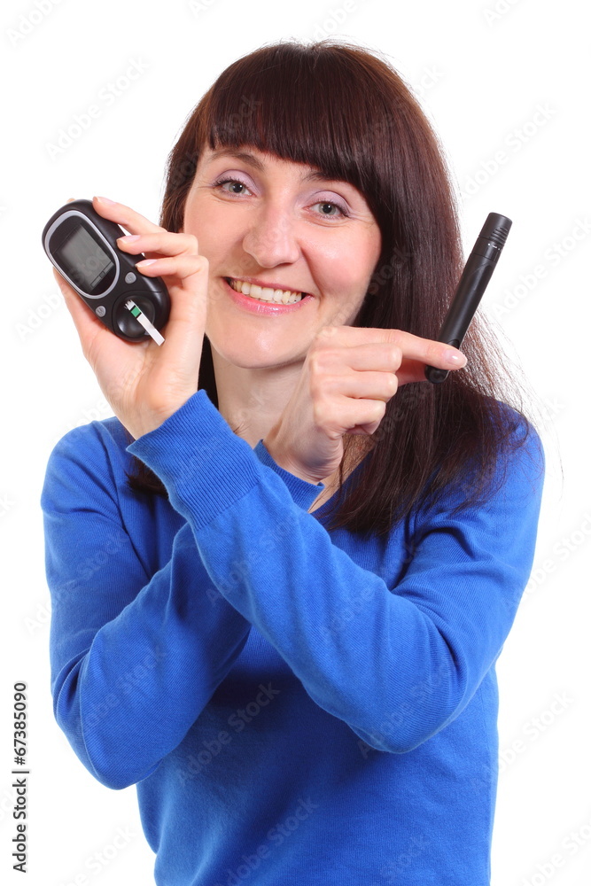 Smiling woman with glucose meter on white background Smiling woman with glucose meter on white background