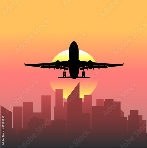 plane taking off at sunset background