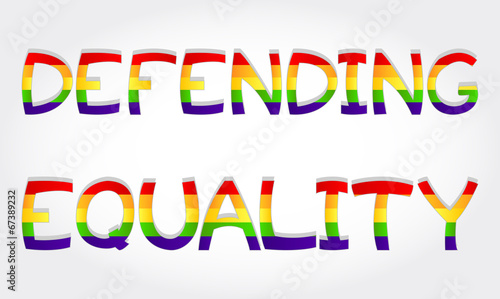 "Defending equality" phrase stylized with rainbow