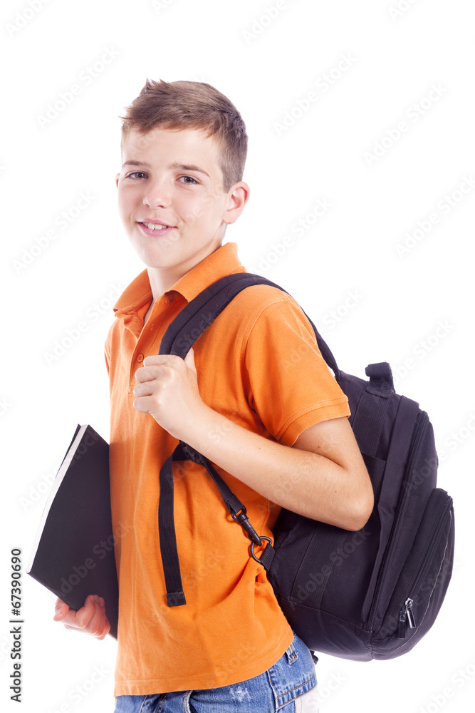 Portrait of a school boy with backpack holding a notebook, isola Portrait of a school boy with backpack holding a notebook, isola