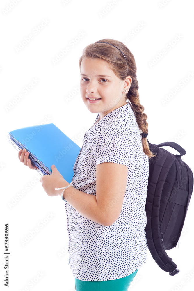 Portrait of a smiling school girl with backpack holding notebook Portrait of a smiling school girl with backpack holding notebook