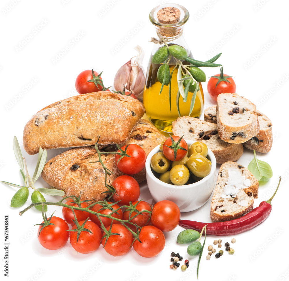 Fresh bread with olives, tomatoes, spices and olive oil Fresh bread with olives, tomatoes, spices and olive oil
