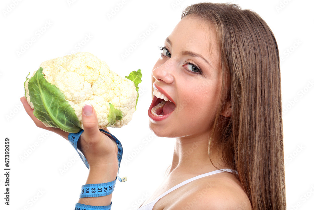 Beautiful girl with cabbage and measuring tape, isolated Beautiful girl with cabbage and measuring tape, isolated