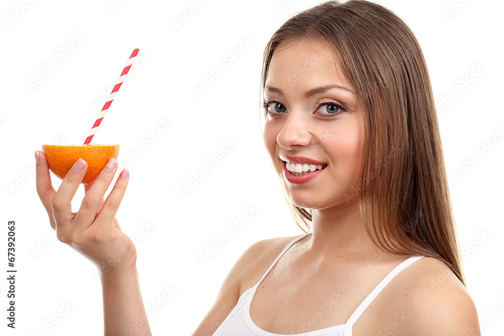 Beautiful girl with juice, isolated on white Beautiful girl with juice, isolated on white