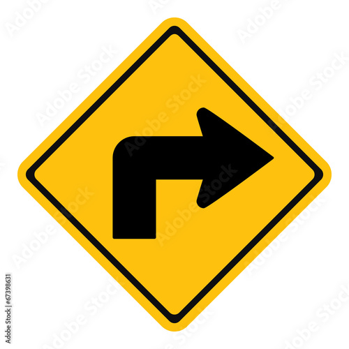 Warning traffic sign turn right photo