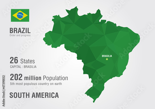 Billede på lærred Brazil world map with a pixel diamond texture.