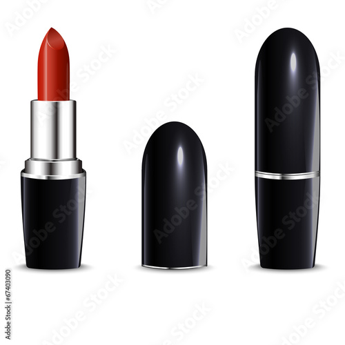 Red lipstick in black case. Isolated on white.