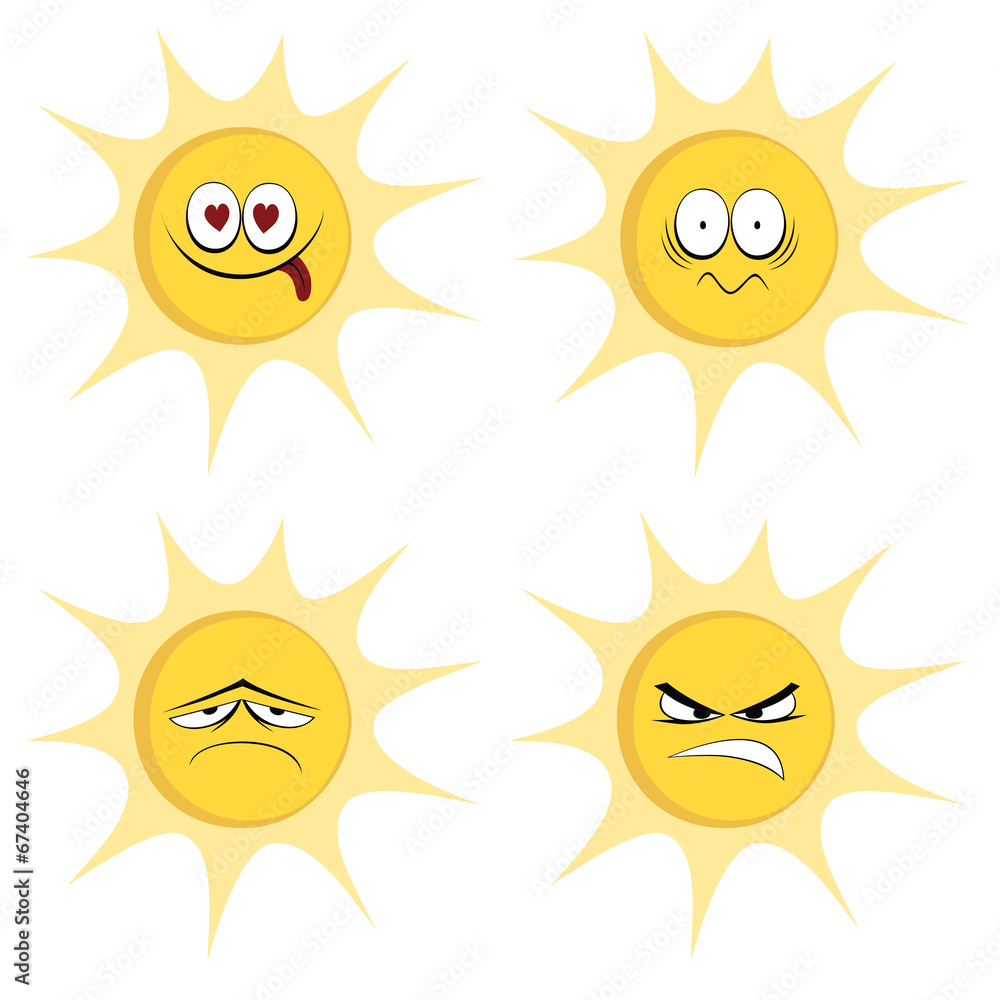 Collection of four colored, cute sun character icons