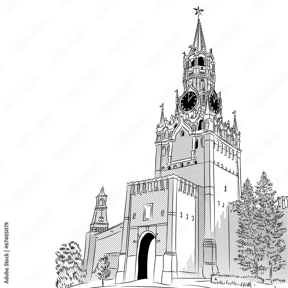 Vector black and white sketch of the Moscow Kremlin, Russia