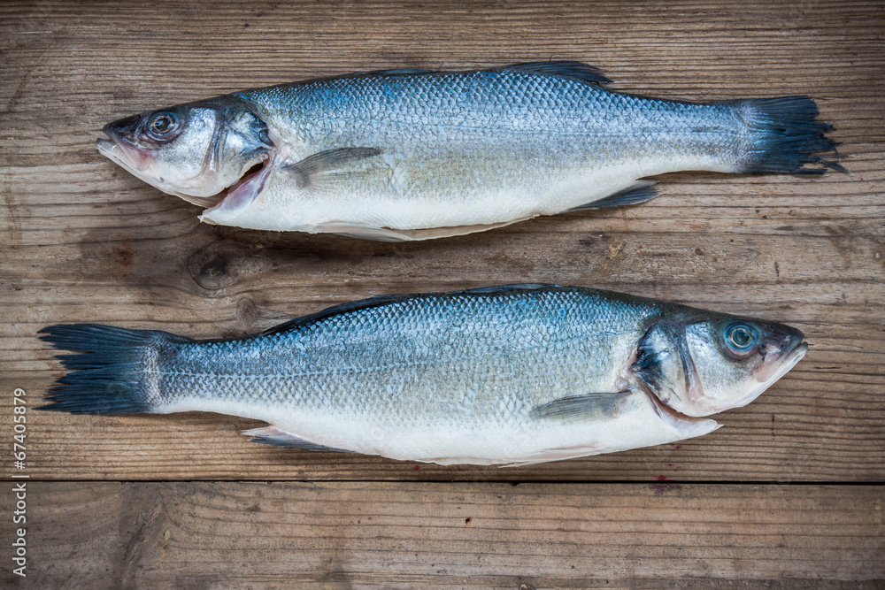 Fototapeta premium Two raw seabass fish on wooden background