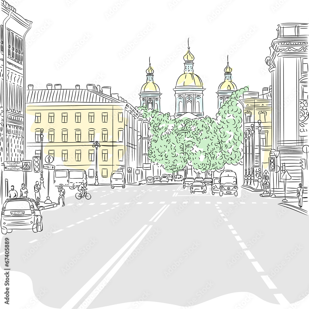 Vector Cityscape, the wide avenue with views of the church