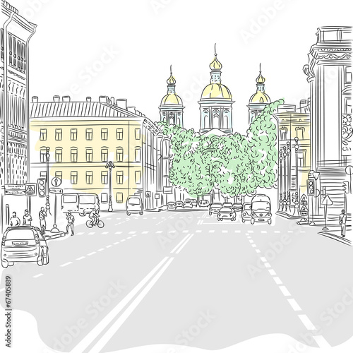 Vector Cityscape, the wide avenue with views of the church