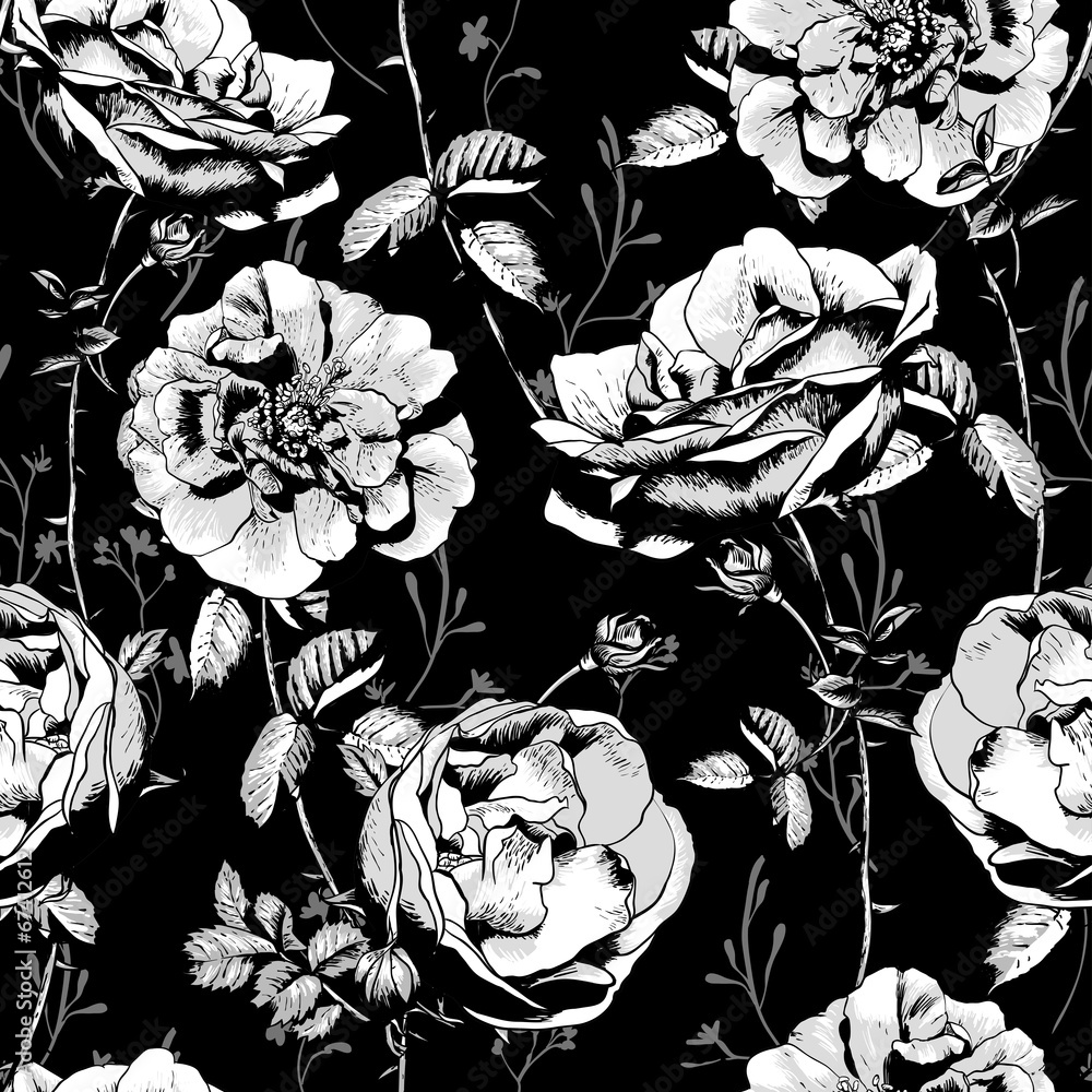 Black and White Floral Seamless Background Stock Vector | Adobe Stock