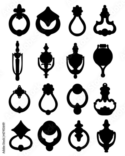 Black silhouettes of knocker on door, vector