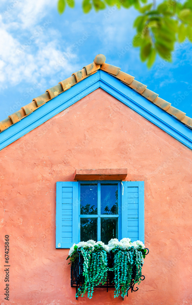 balcony Italian style house with blue nice sky and green leaf