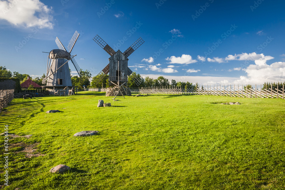 Naklejka premium wooden windmill in Angla, Saaremaa island, Estonia