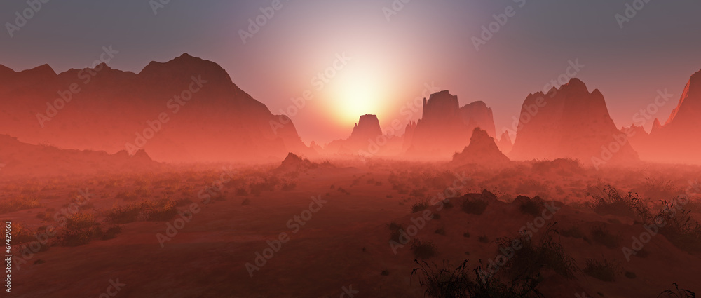 Plakat Czerwony skalistej pustyni krajobraz w mgle przy zmierzchem. Panoramiczny strzał