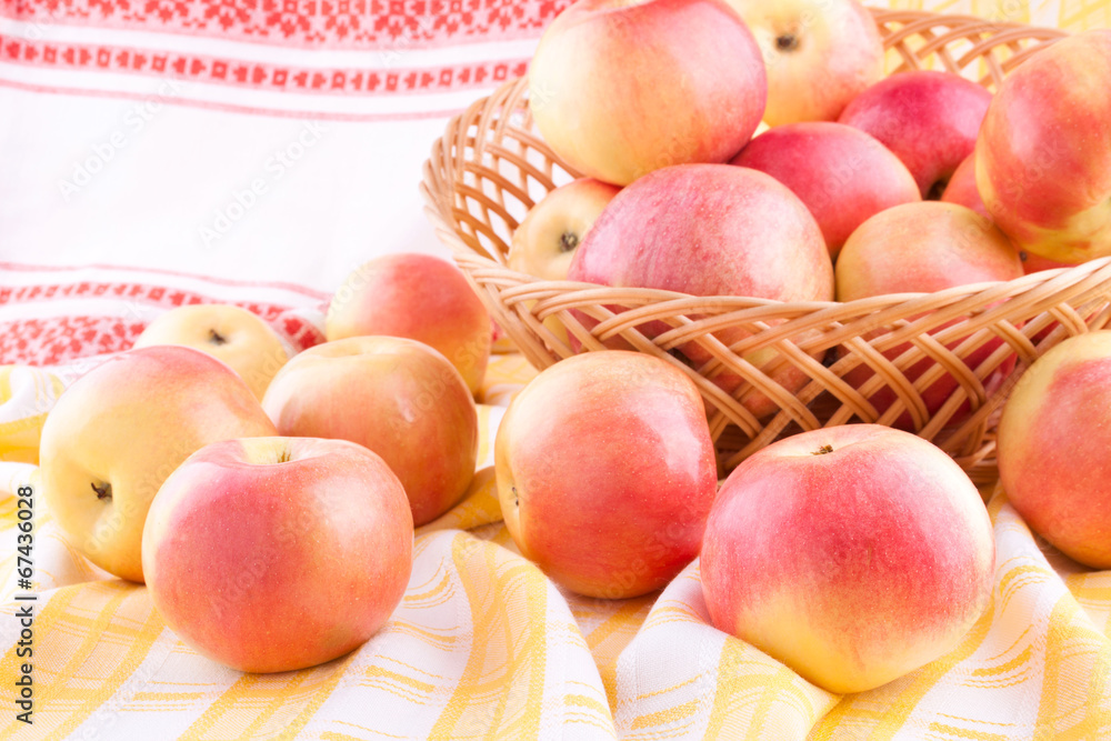 The apples scattered on the tablecloth The apples scattered on the tablecloth