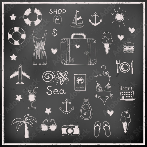 Vector set of chalk board travel vacation items