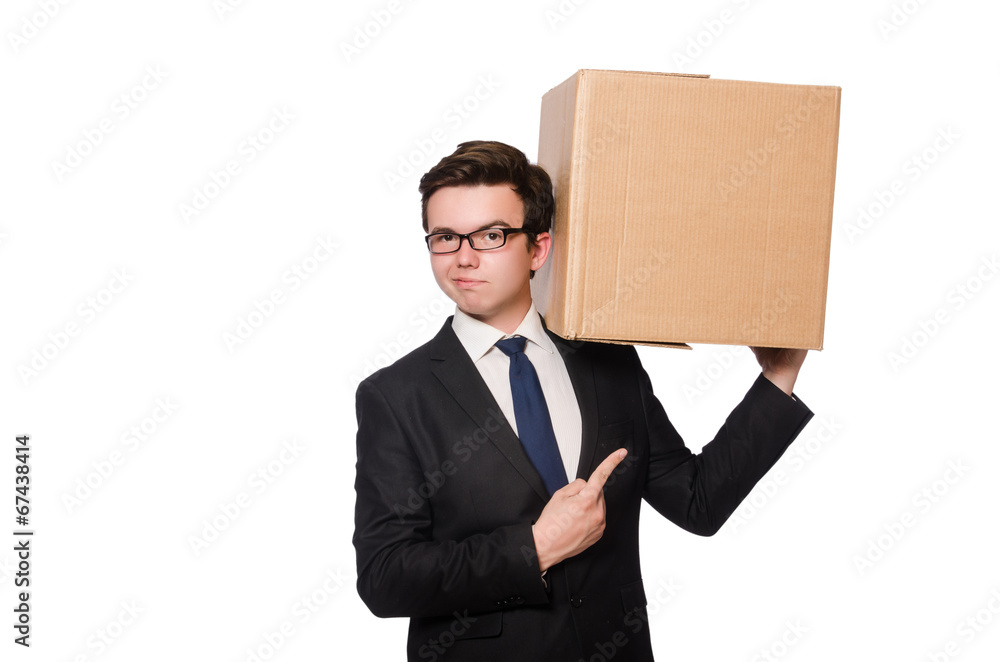 Funny man with boxes isolated on white Funny man with boxes isolated on white
