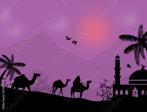 Bedouin camel caravan in arabian landscape