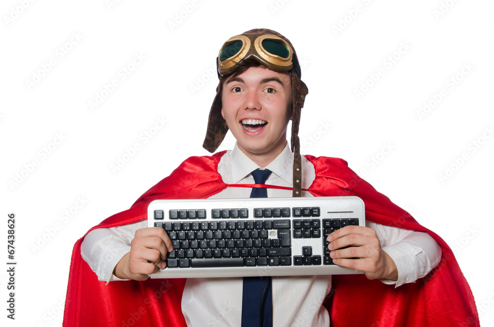 Funny hero with keyboard isolated on the white Funny hero with keyboard isolated on the white
