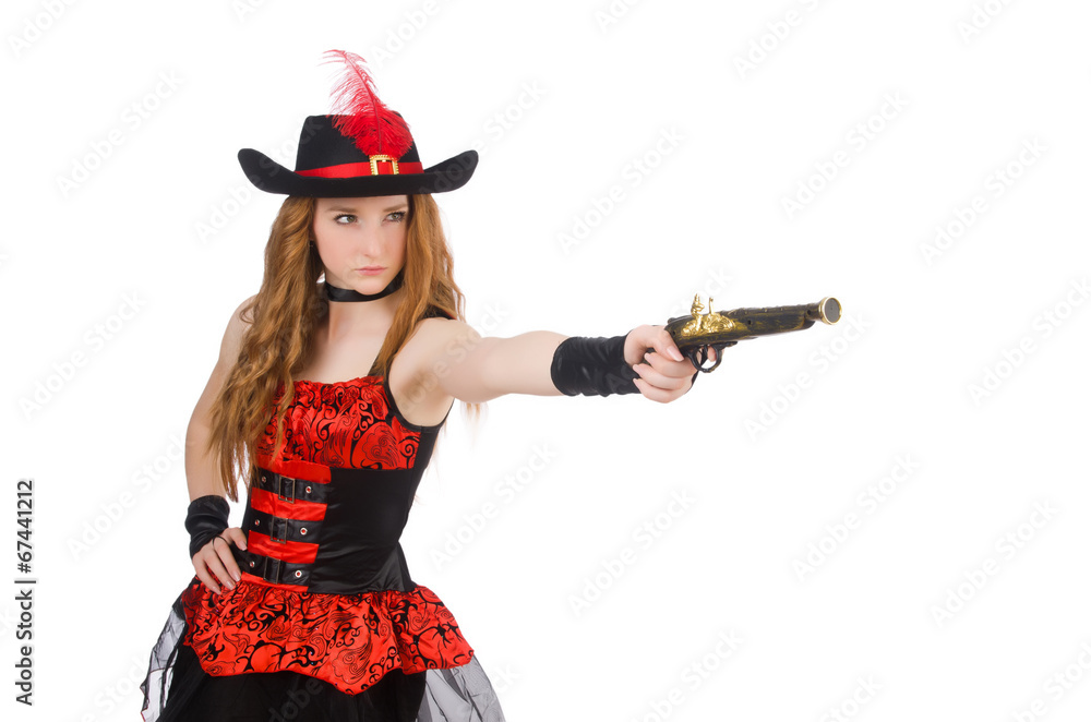Woman pirate with gun isolated on white Woman pirate with gun isolated on white