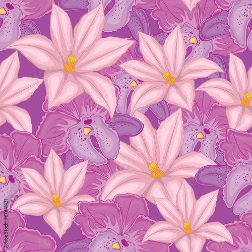 Fototapeta Naklejka Na Ścianę i Meble -  . lilac seamless background with pink and lilac orchids