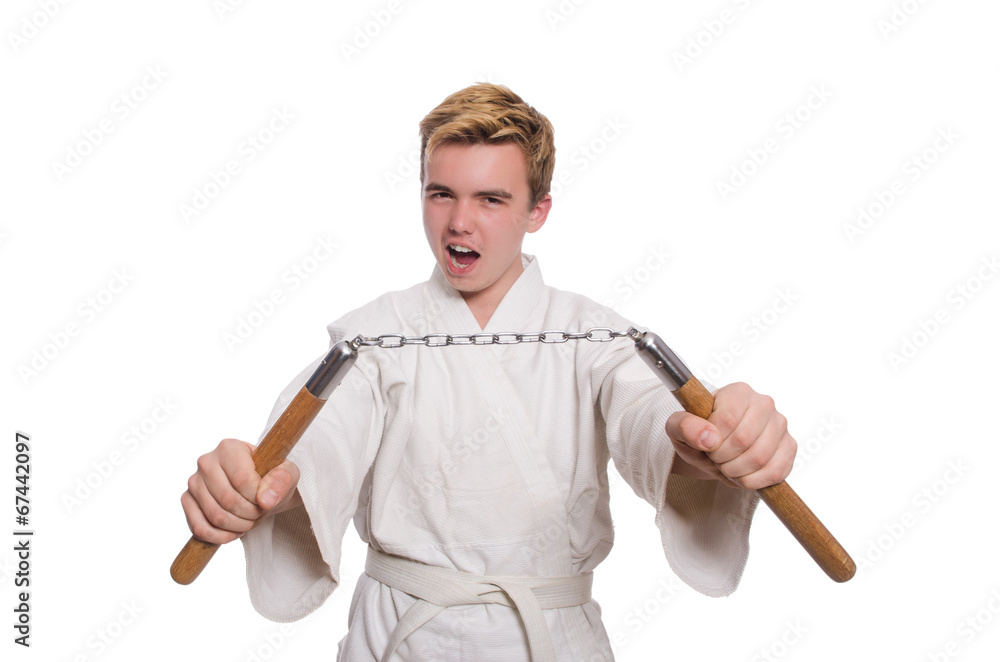 Funny karate fighter with nunchucks on white Funny karate fighter with nunchucks on white