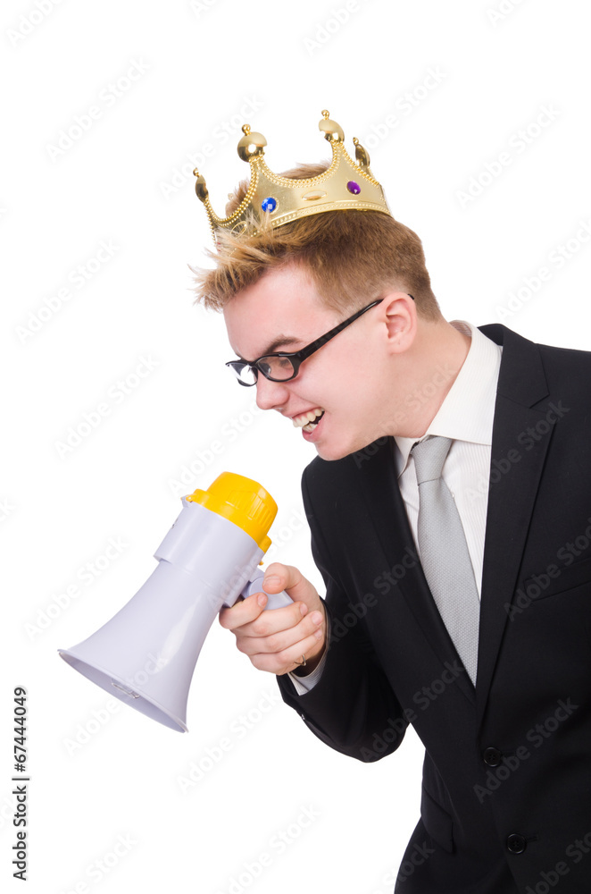 Man with crown and megaphone isolated on white Man with crown and megaphone isolated on white