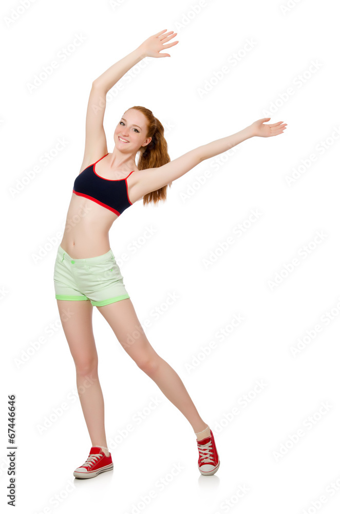 Young woman doing sport exercises isolated on white