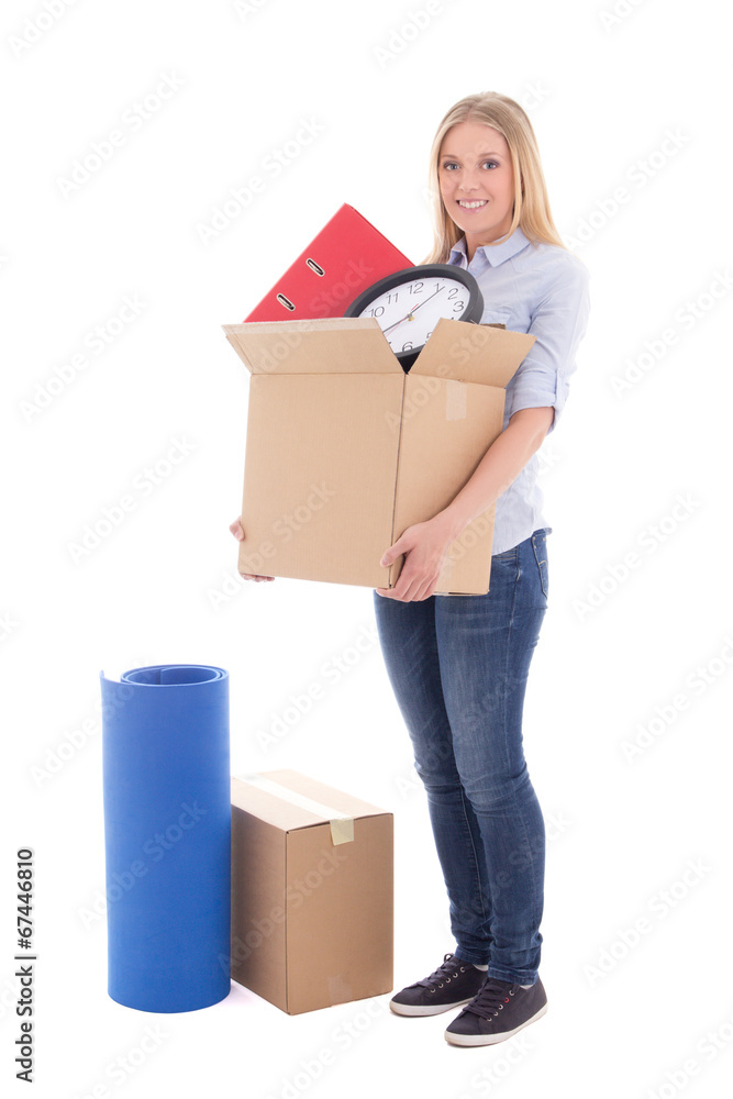 beautiful woman ready for moving day isolated on white beautiful woman ready for moving day isolated on white