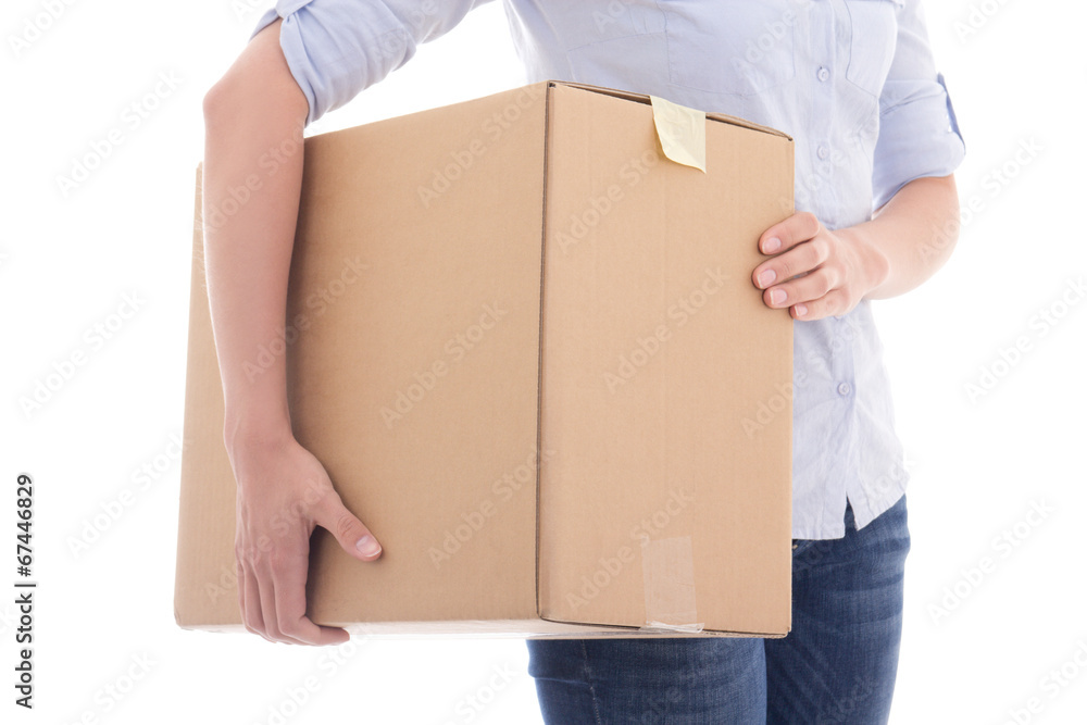 cardboard moving box in female hands isolated on white cardboard moving box in female hands isolated on white
