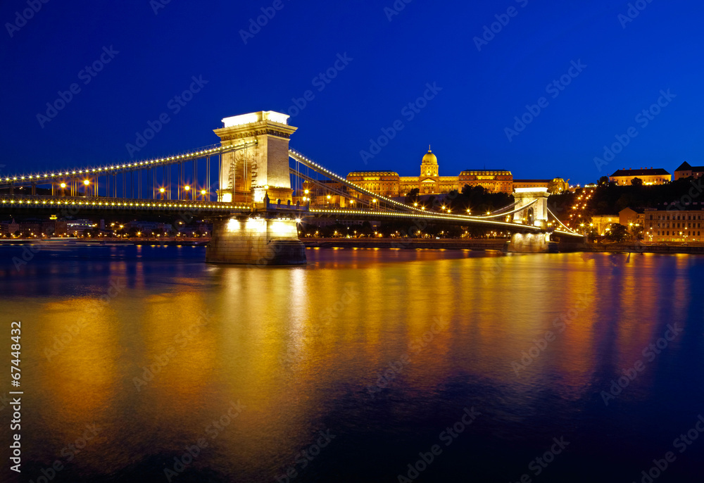Budapest at night. Chain Bridge, Royal Palace and Danube river Budapest at night. Chain Bridge, Royal Palace and Danube river