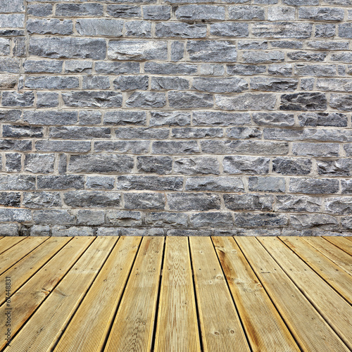 Wooden deck floor and brick wall © -Marcus-
