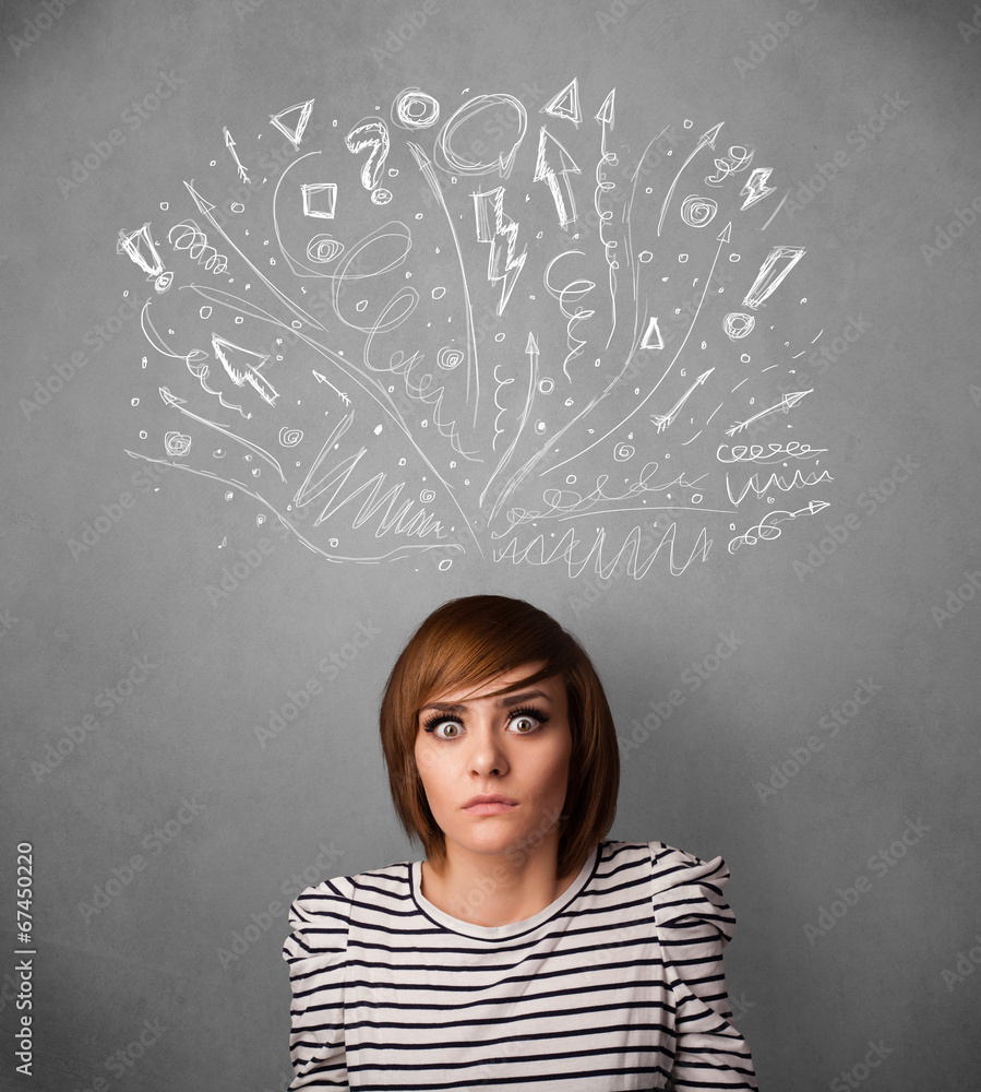 Young woman thinking with sketched arrows above her head Young woman thinking with sketched arrows above her head